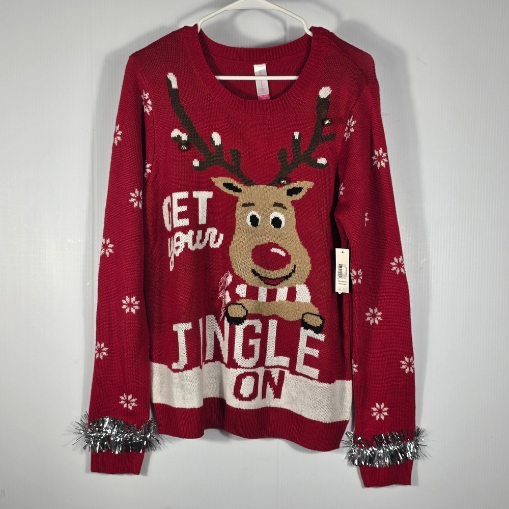 No Boundaries Red Reindeer Get Your Jingle On Ugly Christmas Sweater XXL New